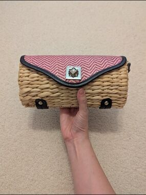 Charming Charlie Pink Chevron Straw Clutch with Black Trim